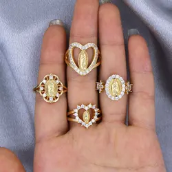 Geometric Shape Religious Women Ring Simple Versatile Plated Gold Copper Virgin Mary White Zircon Adjustable Ring