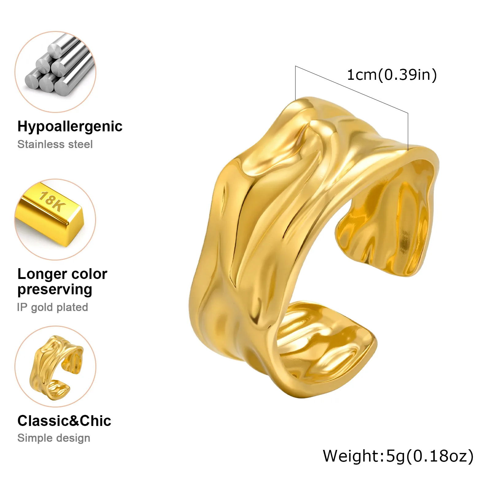 Prjewel Vintage Irregular Textured Opening Ring for Women Trendy Jewelry Gift Gold Color Stainless Steel Geometric Wedding Rings