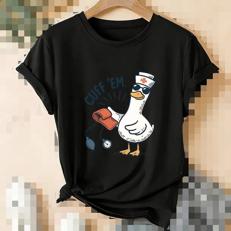 Funny Cuff 'Em Duck Nurse T‑Shirt Cute Cartoon Duck Blood Pressure Print Short Sleeve Tops Nurse Appreciation Gift Tees S-5XL