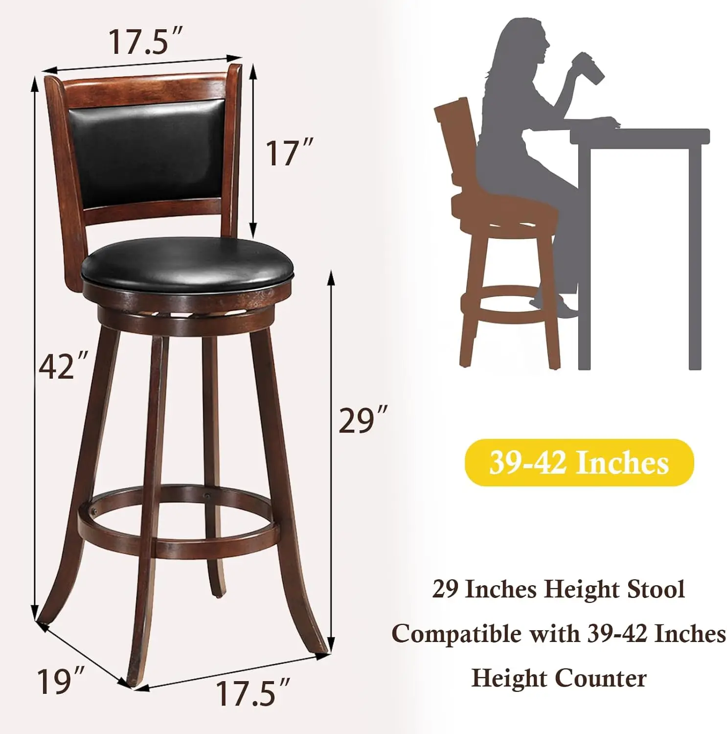 Lot de 2 tabourets de bar 29 pouces avec dos, pour îlot de cuisine, en caoutchouc et bois, à commotion, pour pub