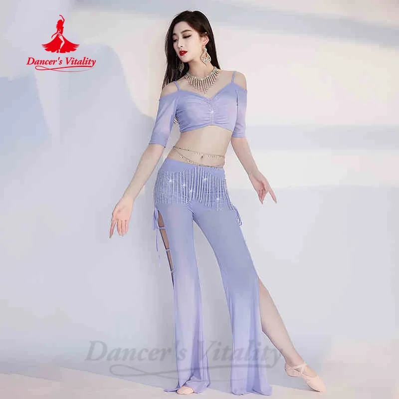 BellyDance Oefenkleding V-hals Korte Mouwen Top + Kwastje Split Broek 2 Stuks Volwassen Oosterse Dans Professionele Trainingskleding