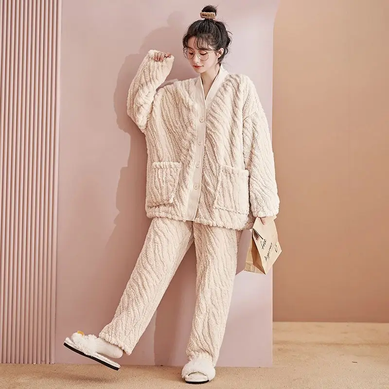 

Согревающие женские пижамы из кораллового флиса, новая модель, одежда для сна, зимний утепленный пижамный комплект, фланелевый комплект из двух предметов на флисовой подкладке, домашняя одежда