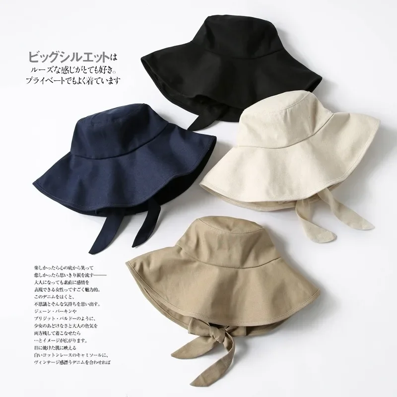 Summer Spring Japan Tie Bucket Hat Women Korean Big Brim Fisherman Hat Foldable  Sunscreen Chic Cotton Linen Beach Sun Hat