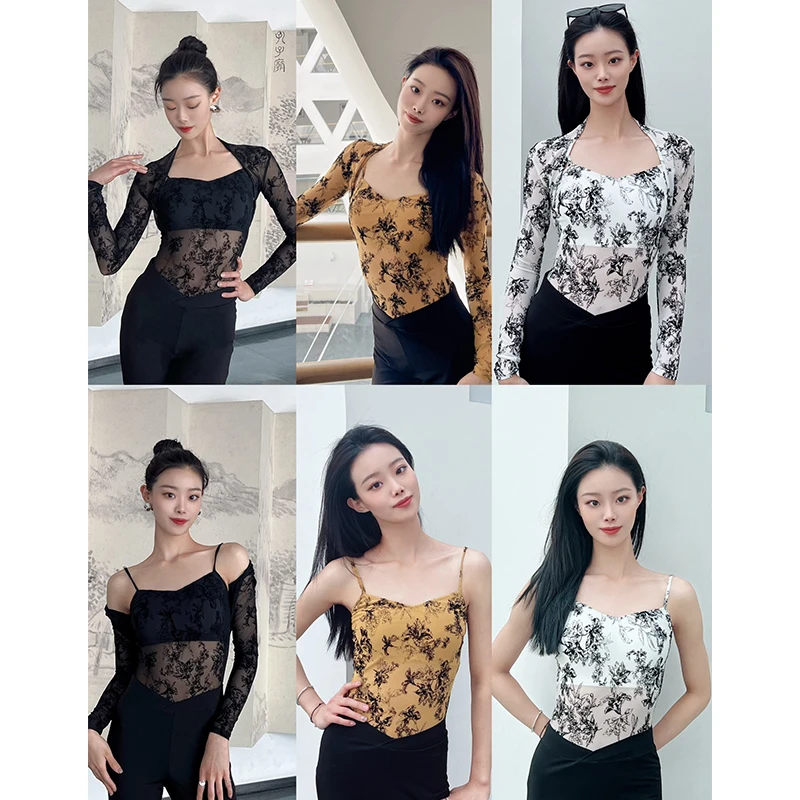 New Latin Dance Clothes Women Long Sleeves Tops Bodysuit 2Pcs Suit Adult Rumba Ballroom Dance Practice Performance Wear DNV21470