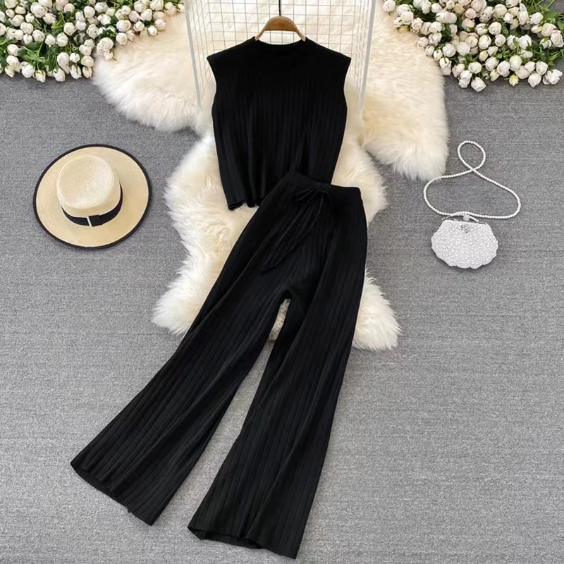 O-neck Tank Top Sleeveless Knitted Suit Two-Pieces Wide Leg Long Pant Drawstring Waist Trouser Sets Women Clothing Casual Simple