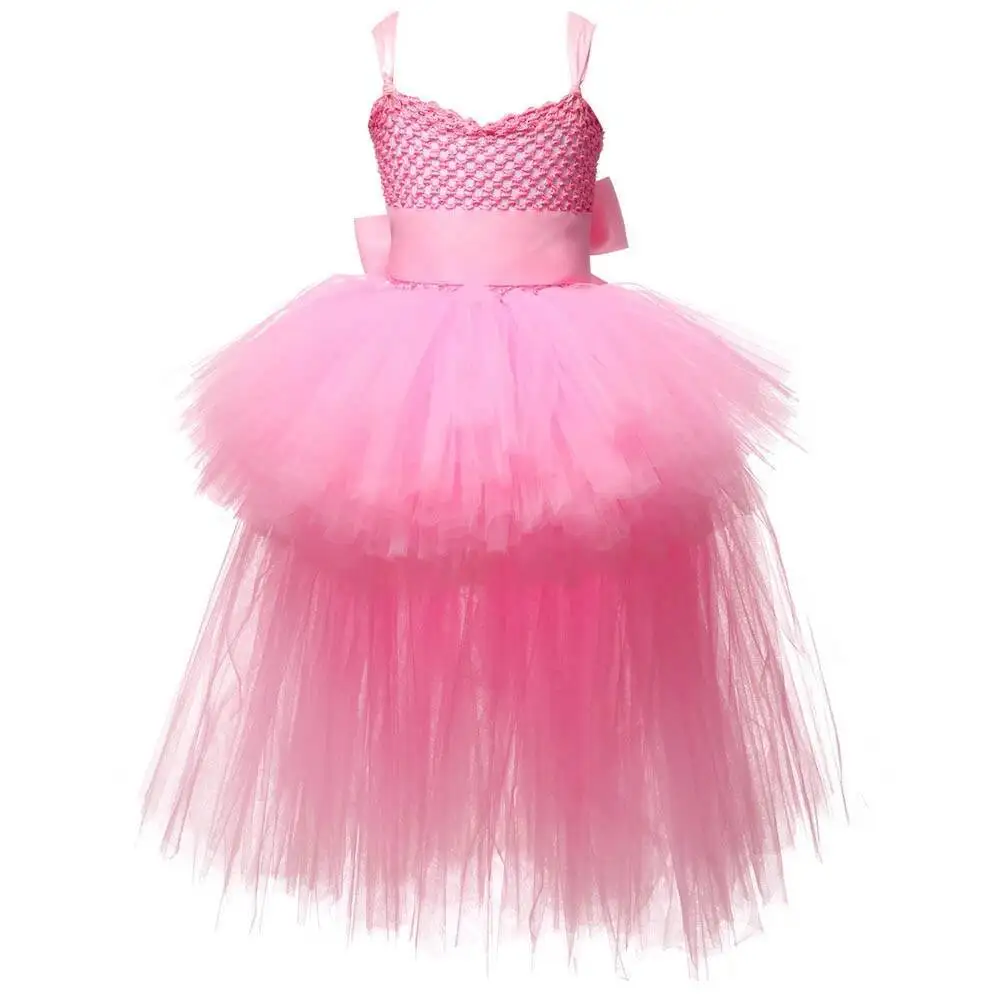 Girls V-neck High Low Tutu Dress Solid Color Fluffy Trailing Princess Dresses Kids Carnival Halloween Costumes with Long Train