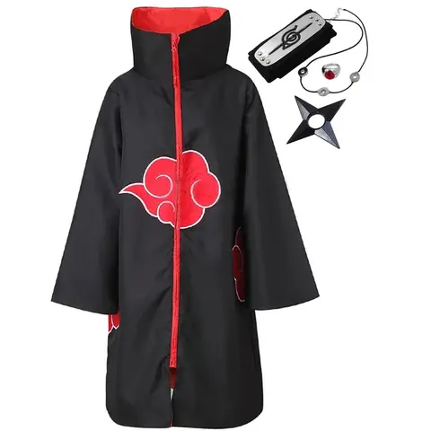 Anime Akatsuki Cloak Cosplay  Long Black Robe Capes Uchiha Itachi Ring Headband Gifts Sasuke Cloak Robe Cape Halloween