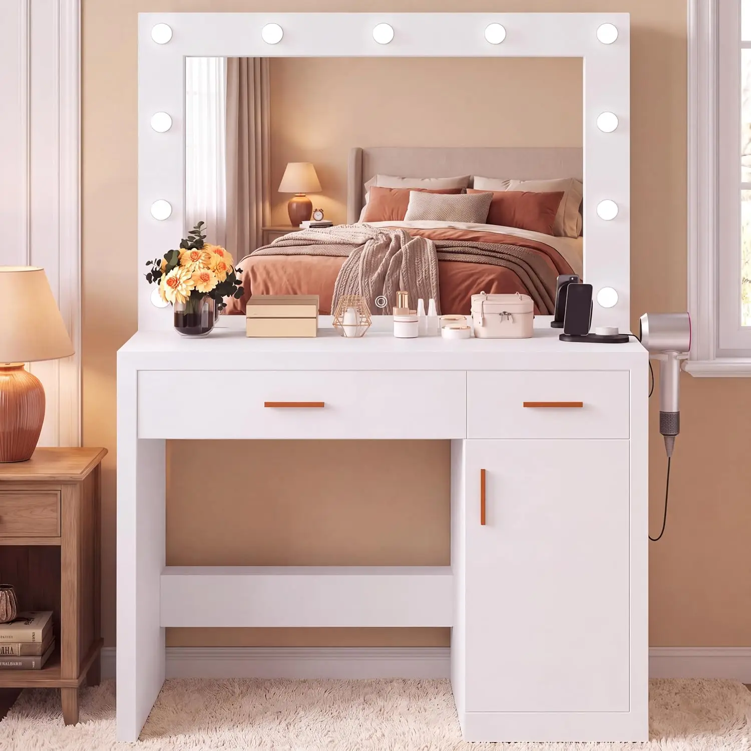 Vanity Desk Mirror LED Bulbs Power Outlet Makeup Table Drawer Storage Cabinet Adjustable Lighting Dressing Table Bedroom White