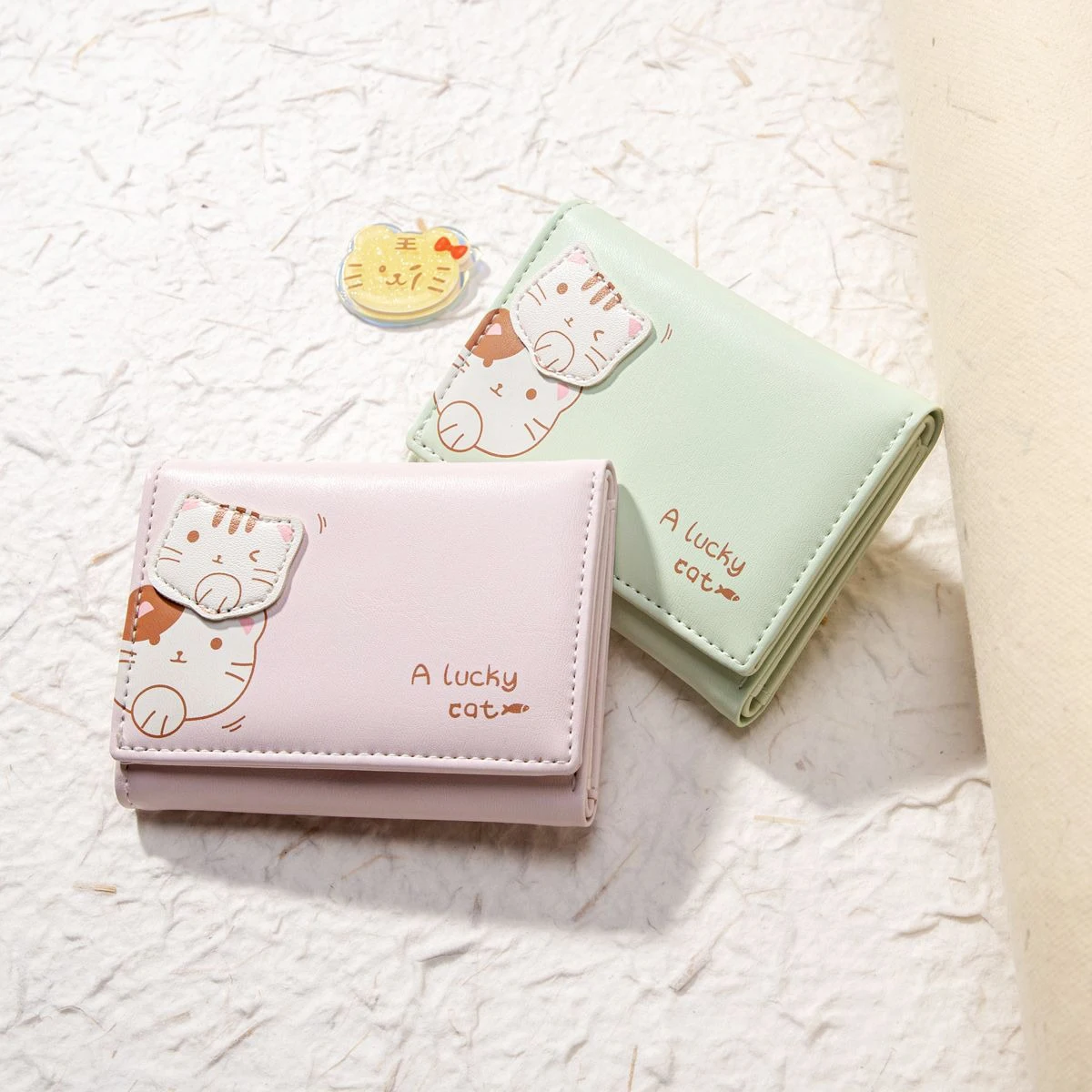 Cartoon Short Wallet Tri-Fold Mini Money Clip Coin Purse Fashion Cute Cat Pattern Women'S Multiple Card Slots Card Holder