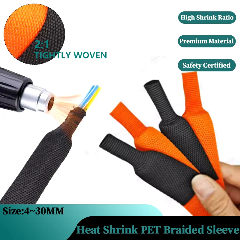 

Diameter 4~30mm Braided Cable Sleeve PET Heat Shrink Tube Insulation Flam Retardant Shrinkable Wire Wrap Sheath Organizer 2~50m