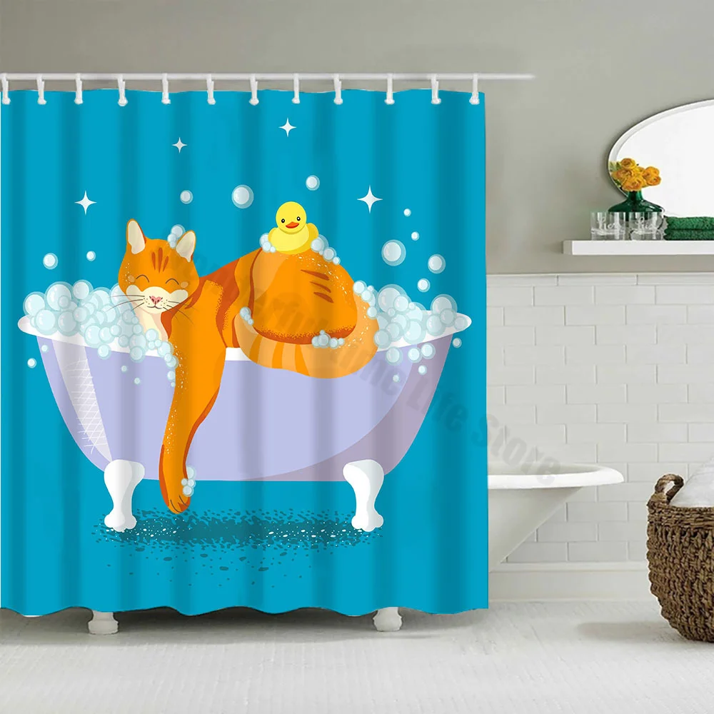 Cute Little Yellow Duck Shower Curtain Cartoon Funny Smiley Face Bathroom Waterproof Bath Duck Fabric 12 Hooks Bathroom Decor