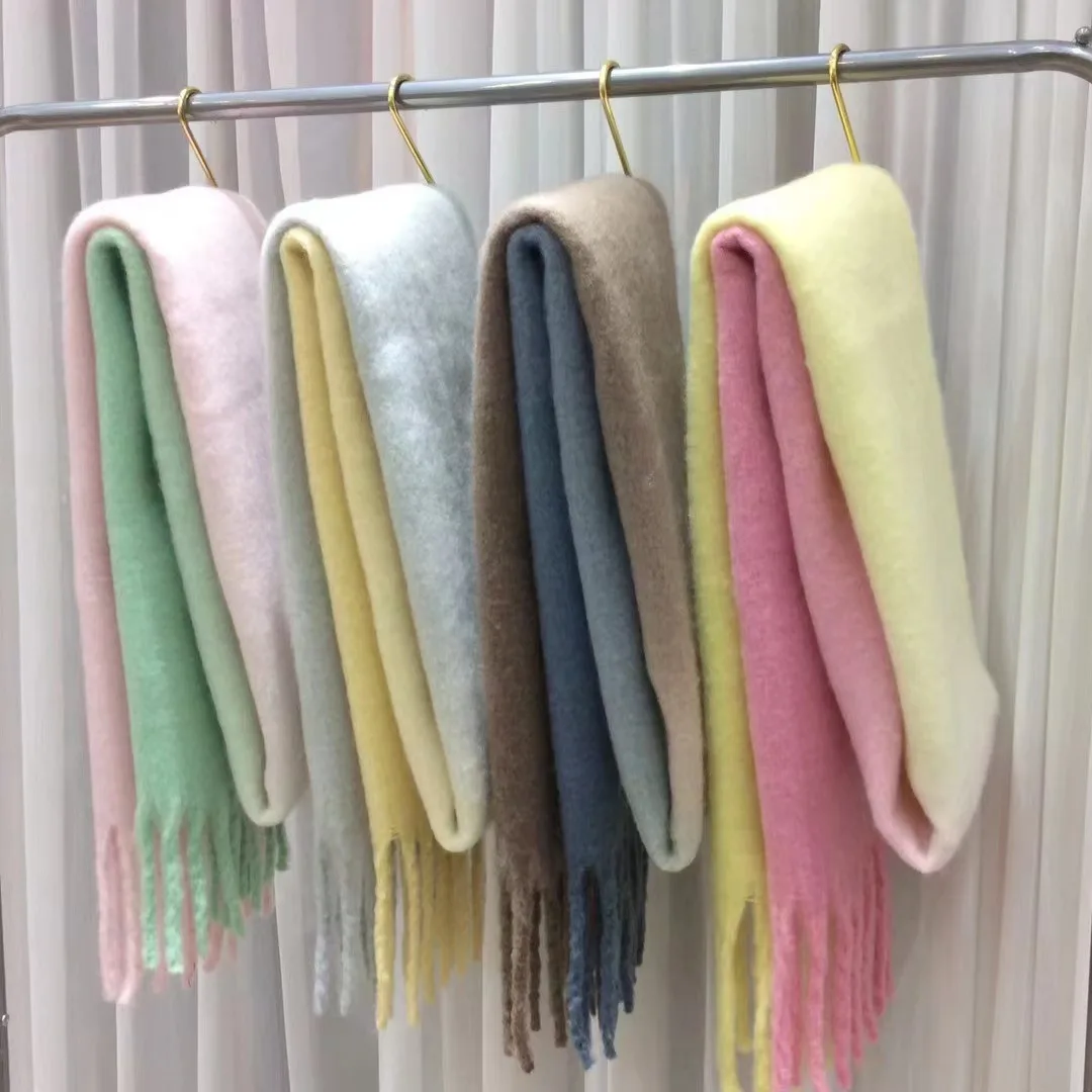 Korean Fashion Winter New Gentle Gradient Color Cashmere for Women Fluzzy Thick Warm Scarf  Big Shawl Scarf with Tassel Wraps