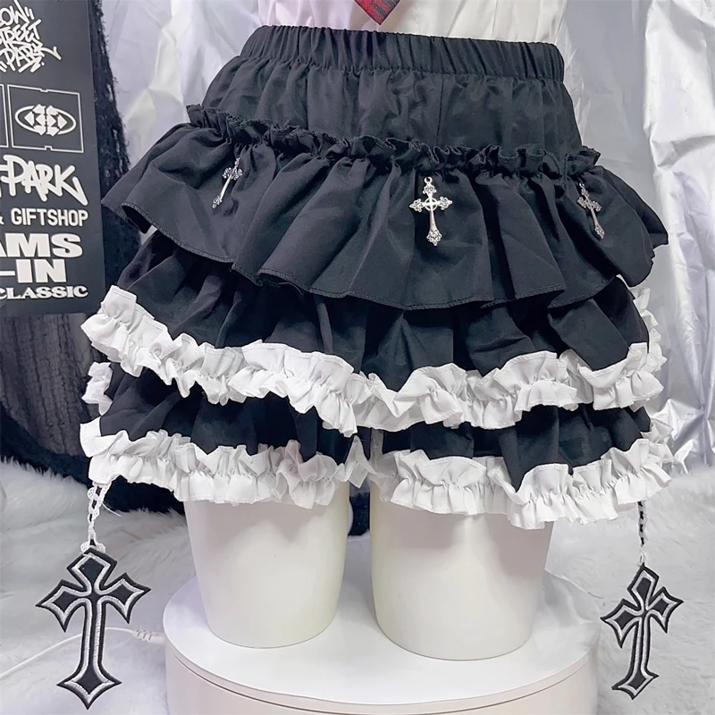 

Корейская популярная короткая юбка Cross Goth Jiri Kei с милыми рюшами, черные мини-юбки Kawaii Lolita Cake для девочек, многослойная юбка Y2k