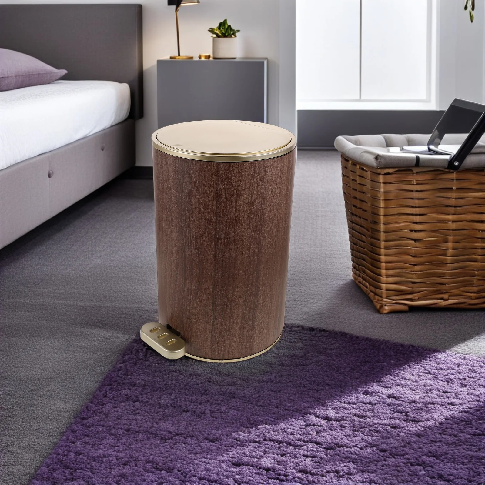 

Large Capacity Step on Pedal Trash Can Bathroom Kitchen Round Plastic Waste Bin Dual Opening Hands Free Garbage Container