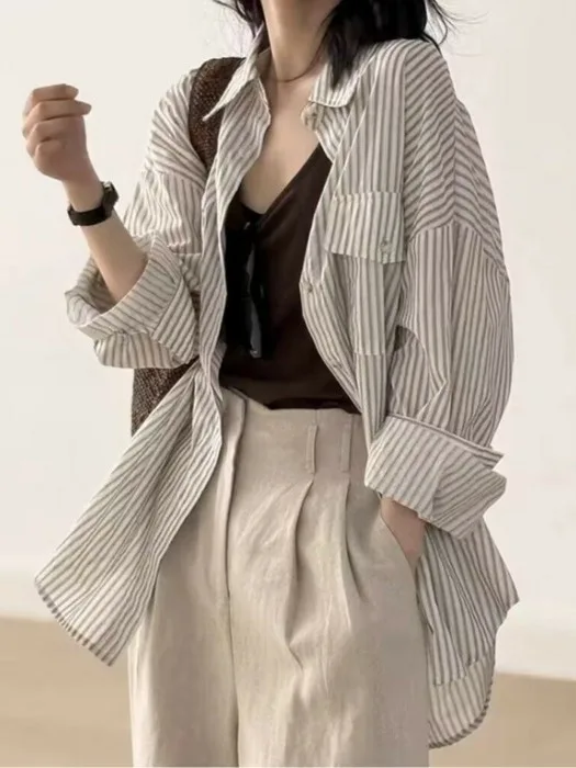 

Женский повседневный свободный длинный све в полоску, весна-лето, модный винтажный повседневный топ из Гонконга, хлопок Quali