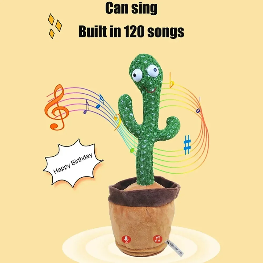 Dança cactus falando brinquedo de pelúcia com função de mudança de voz, 120 peças músicas carregamento usb, presente educacional para crianças