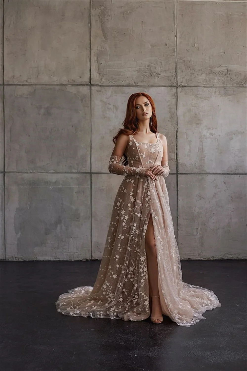 Sansa Mysterious Cape Sleeve فساتين السهرة Princess Prom Dress Star A-line فساتين سهره فاخره Champagne Sweep Vestidos De Noche