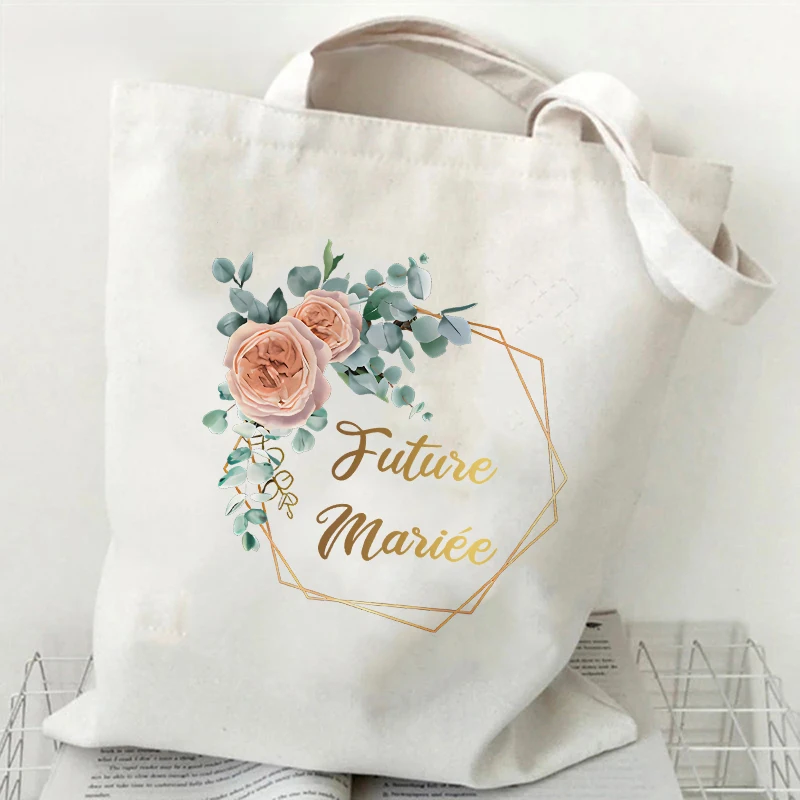 French Bridal Shower Team Bride Tote Bag For Wedding, Floral Wreath Canvas Bags, Bachelorette EVJF Party Gift For Bridesmaids