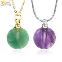 CSJA Crystal Bottle Perfume Necklace for Women Round Natural Stone Pendant Essential Oil Charm Stainless Steel Chains H415