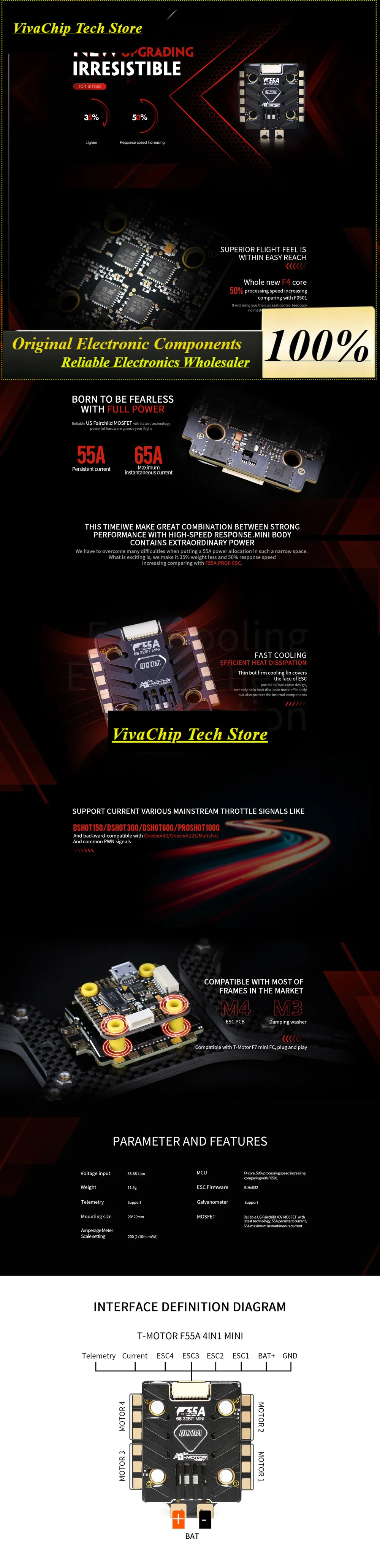 VivaT-Motor ULTRA Mini F55A PRO II 3-6S BLHeli_32 4-in-1 ESC 55A X4 Speed Controller Governor For Racing Freestyle Demanding Pil