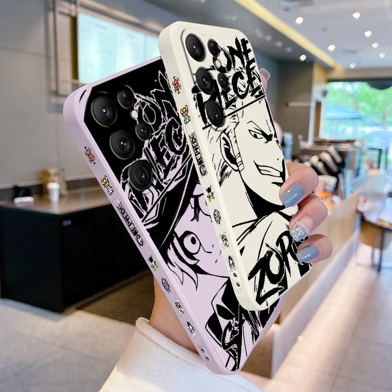 

Luxury Zoro One Piece Luffy Art For Samsung Galaxy S25 S24 S23 S22 S21 S20 Plus Ultra FE 5G Liquid Left Rope Cover Phone Case