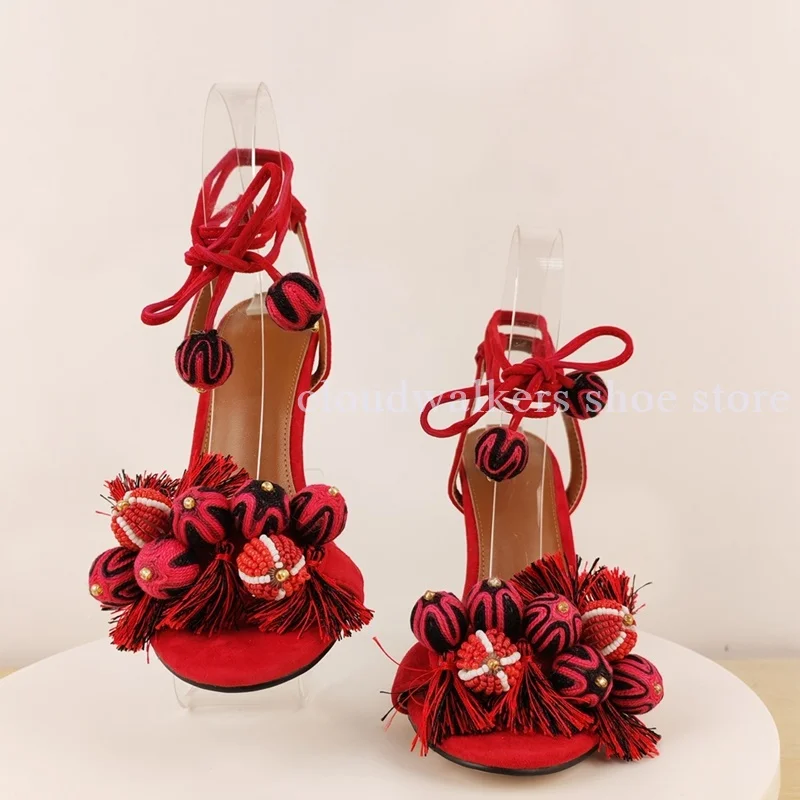 Vintage Ethnic Red Suede Stiletto Sandal Handcraft Bead Pom Pom Tassel Detail Peep Toe Sandals Adjustable Ankle Banquet Vacation - view 5