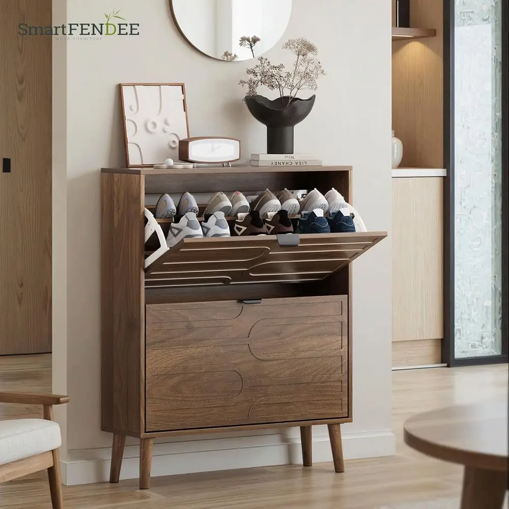 Zapatero independiente de nogal con 2 cajones y panel estriado para almacenamiento en entrada