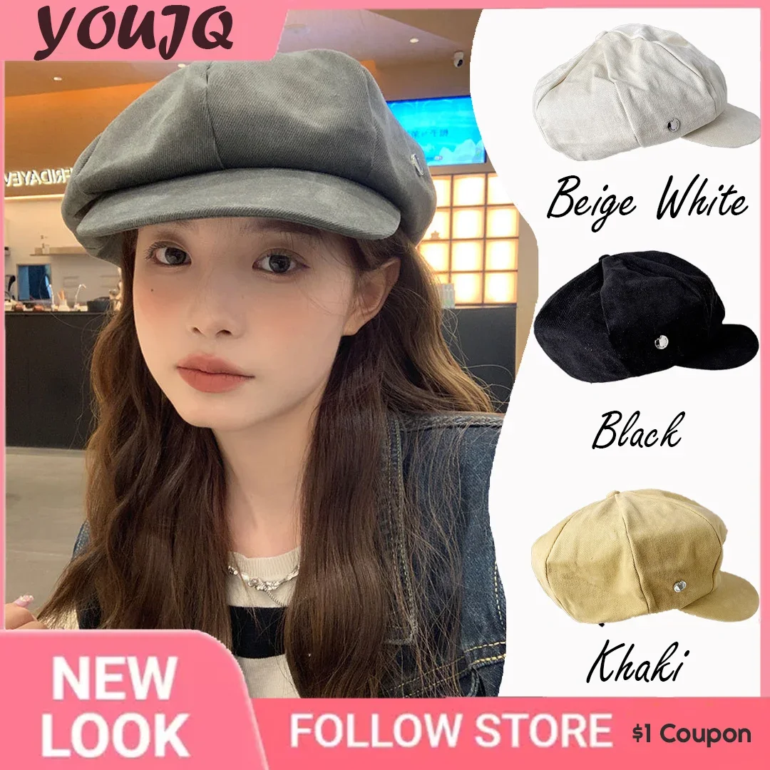 

Autumn Winter Metal Patches Newsboy Caps for Women Octagonal Cap Pure Color Adjustable Rope Baker Boy Painter Hat Beret Gorras