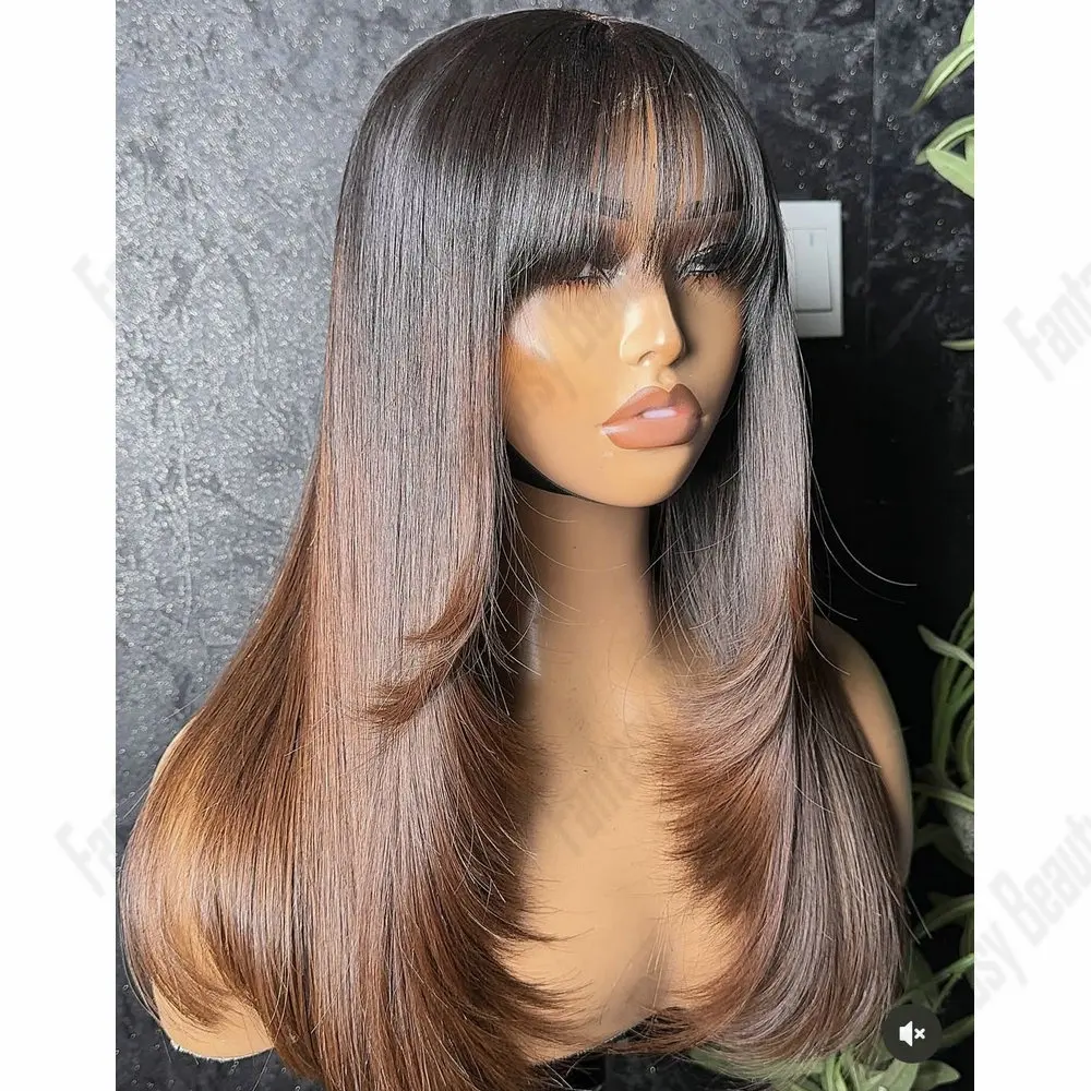 

Натуральный парик с челкой для женщин, парик с кружевной передней частью 13x6, 100% натуральные волосы, омбре, коричневый, шелковистый, прямой, без клея, парик с HD-кружевом 5x5, парик с полным кружевом