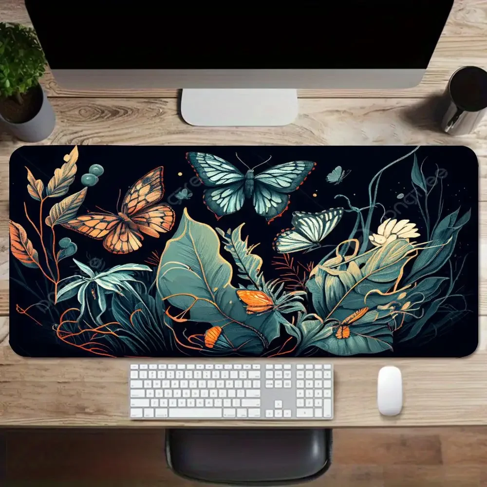 Black Base Blue Orange Monarch Butterfly Mouse Pads Elaborate Oil Painting Flower Keyboard Mat For Gaming