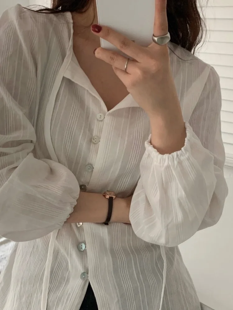 قميص نحيف أنيق بأكمام طويلة للنساء بزر واحد، موضة خريفية أنيقة، مادة عالية الجودة غير قابلة للتشوه ورقيقة