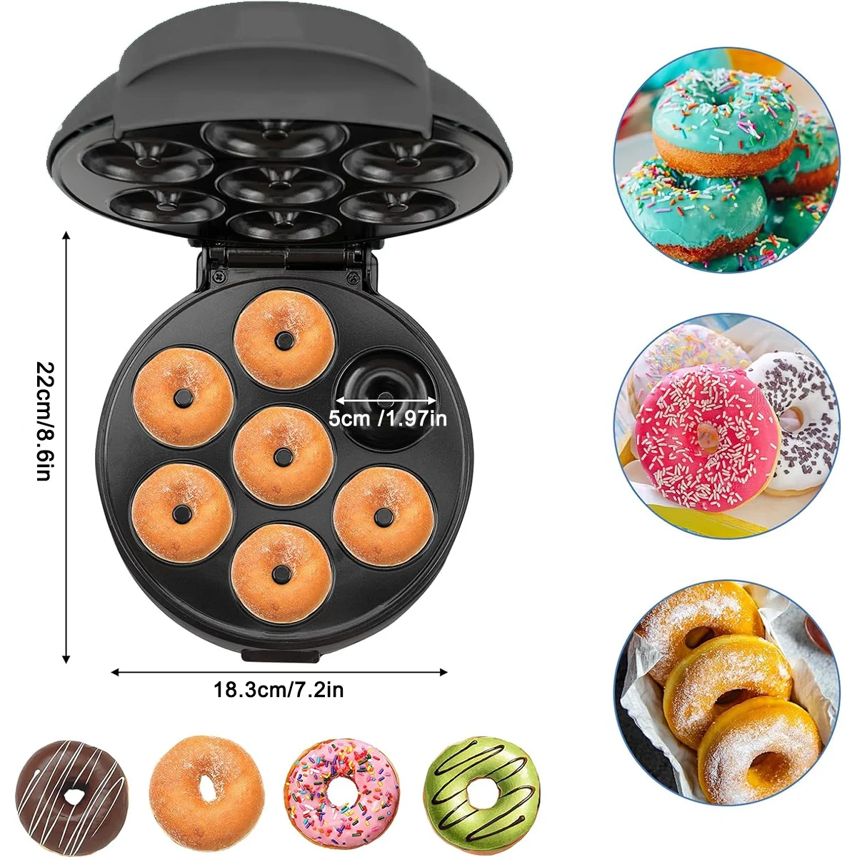 Mini máquina de fazer donuts para crianças, superfície antiaderente, eletrodomésticos, café da manhã, sobremesas, faz 7 donuts