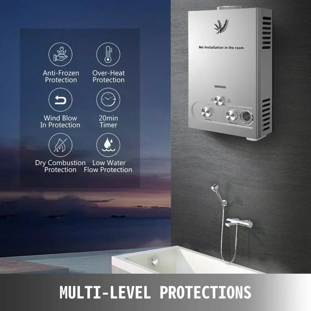 VEVOR 6L 8L 10L 12L 16L 18L LPG Water Heater LED Display & 24Hour Water Supply & Over-Heat Protection for Kitchen Bathroom Salon