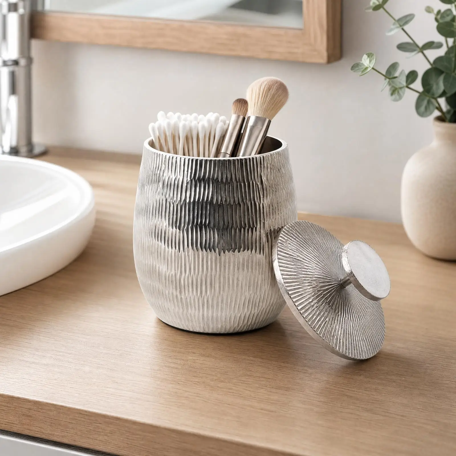 Silver Ribbed Storage Container with Lid for Bedroom Nightstand Organizer Aluminum Jar Decor