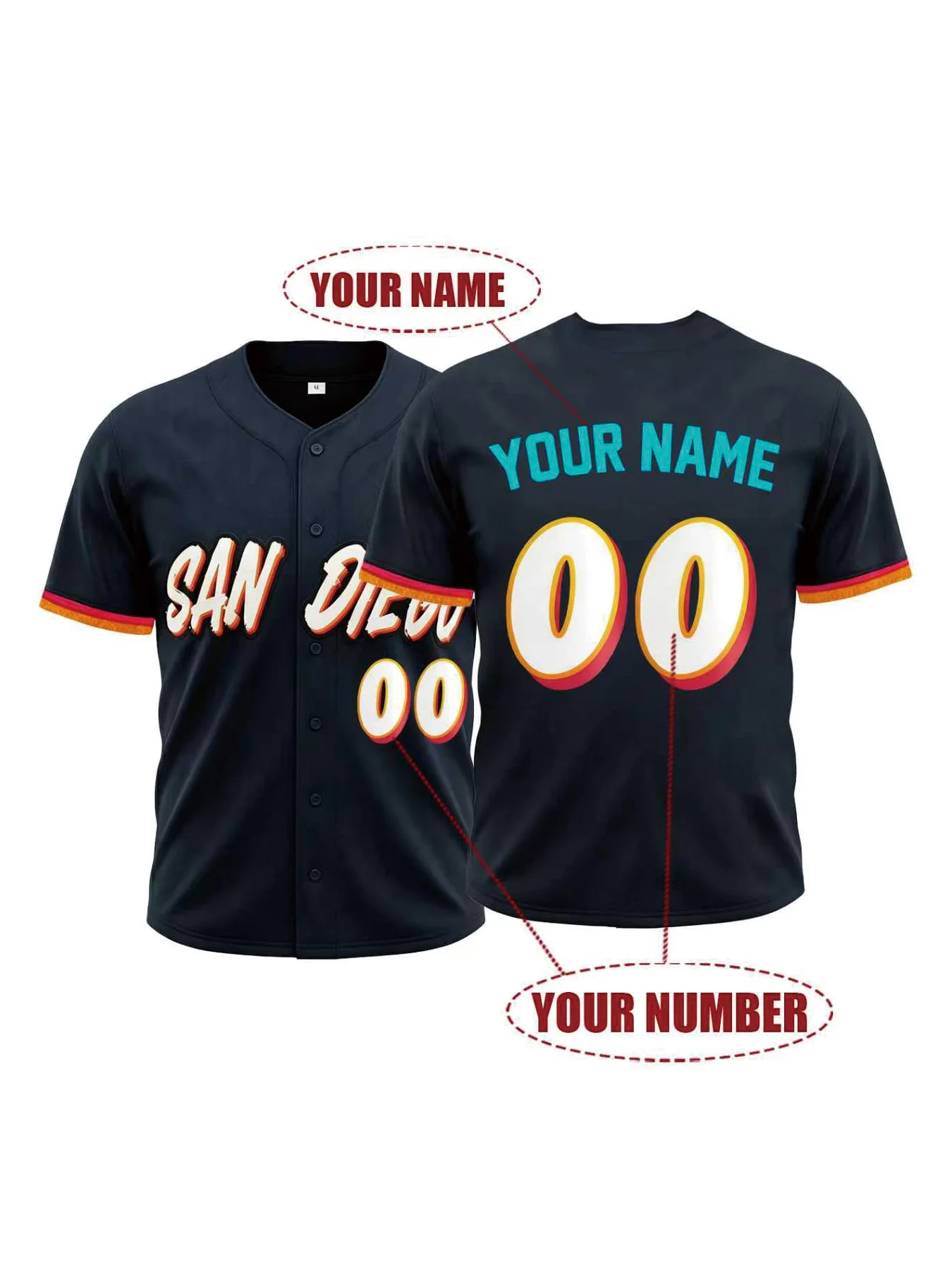 Custom Embroidered San Diego Baseball Jersey Personalized Name Number Breathable Short Sleeve Sports Shirt for Men Women