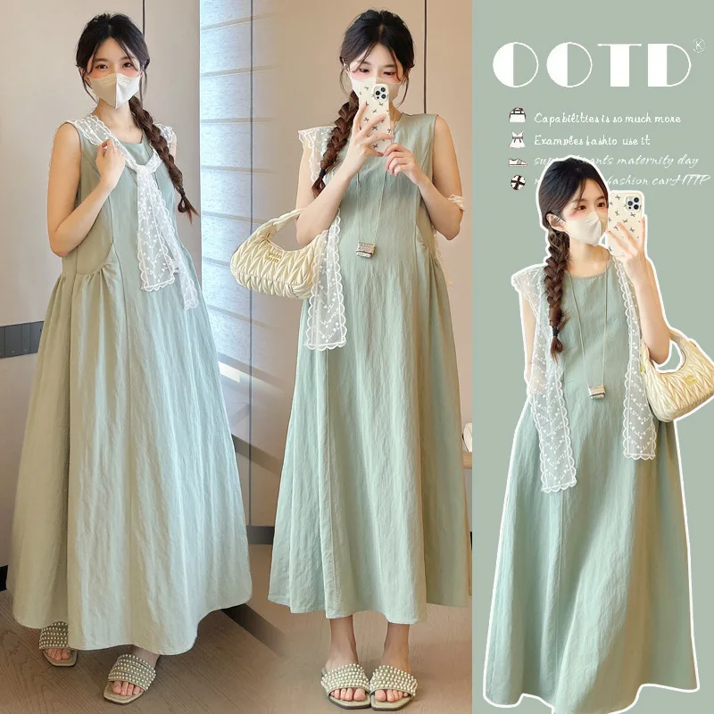 

Elegant Pregnancy Outfit Summer Set Sleeveless Pinafore Dress with Shawl Two Piece Maternity Wear Chic Loose Fit Comfortable