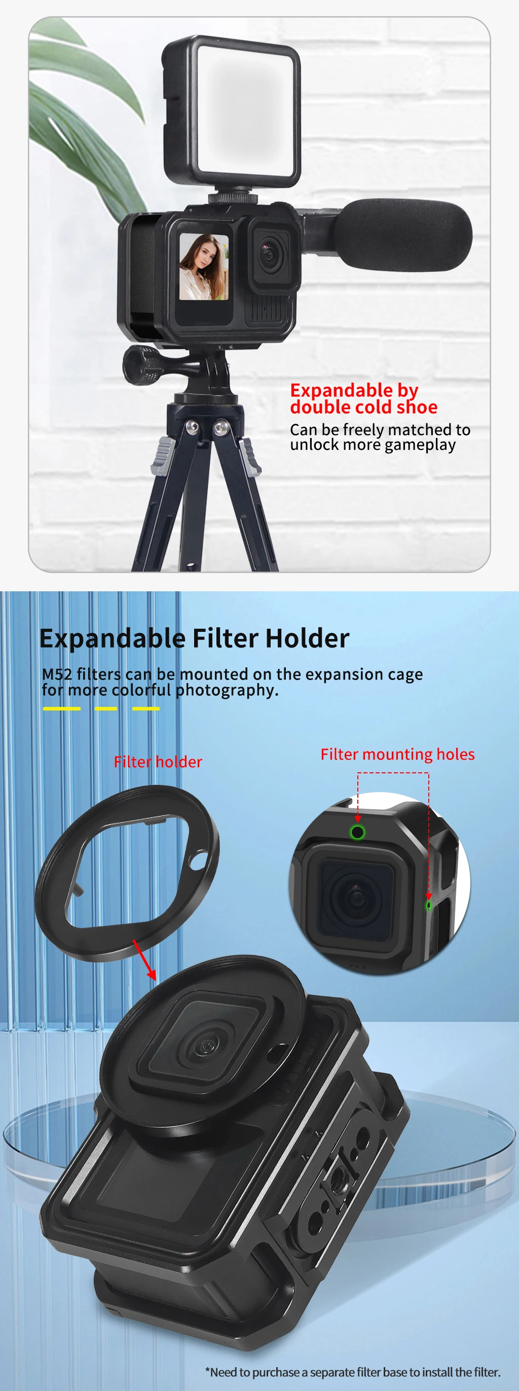 Aluminiumlegierungs-Kamerarahmenkäfig mit Cold-Shoe-Halterung, magnetischem, faltbarem Adapterhalter für GoPro Hero 13 11 10 Black Housing Rig – Detail 6