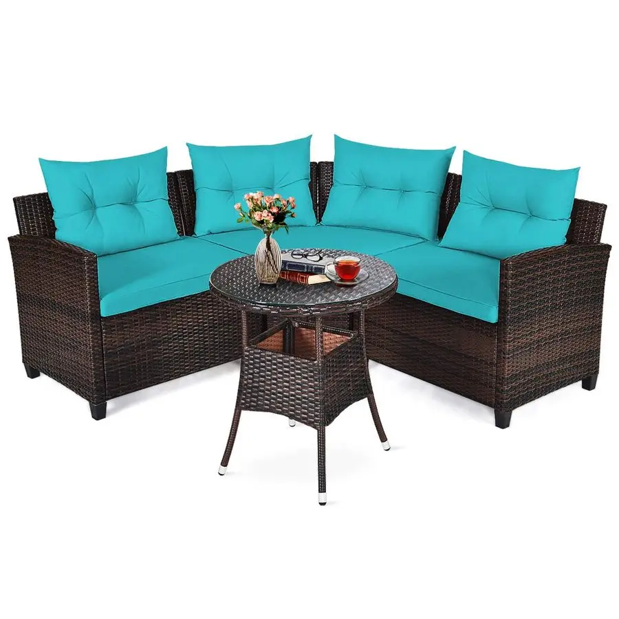 

4Piece C Shape Patio Furniture Set, Outdoor Corner Wicker Rattan Sectional Cushioned Sofa Set, with Glass Coffee Table, for Gard