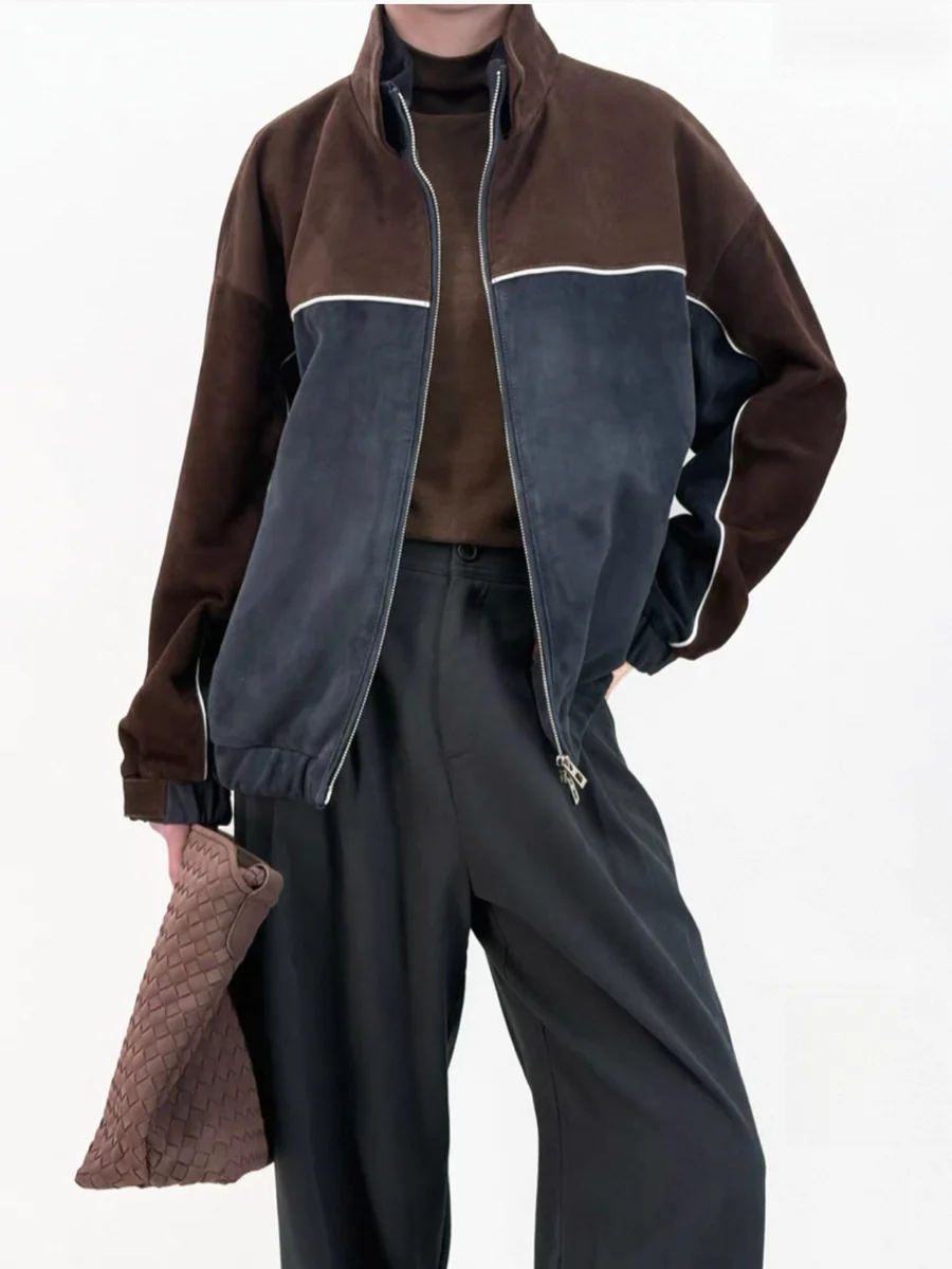 Fashion Lightweight Suede Leather Jacket for Women Modern Genuine Sheepskin Stand Up Collar Short Silhouette Coat Spring Tops
