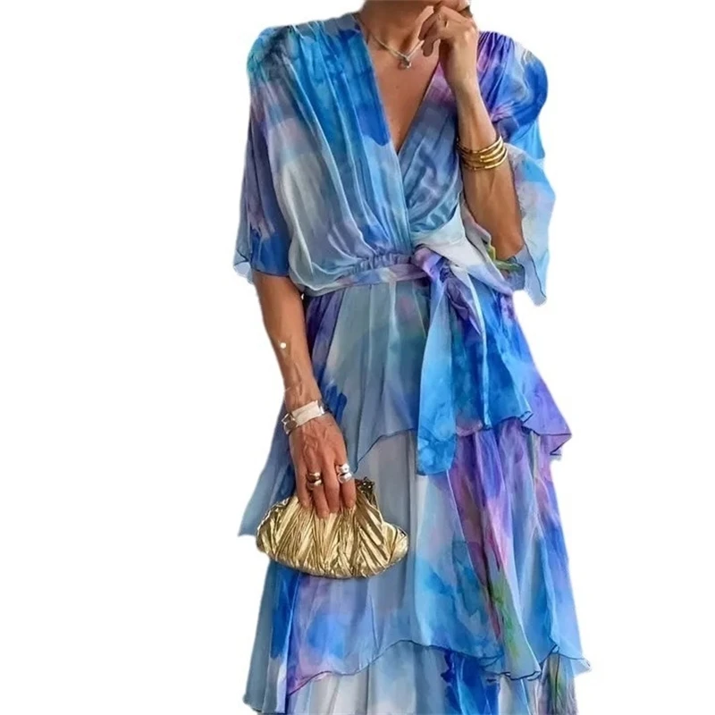 Elegant Chiffon Print Women's Long Layered Party Dress 2025 Summer Fashion Half-sleeved V-neck Lace-up Long Skirt Casual Wear