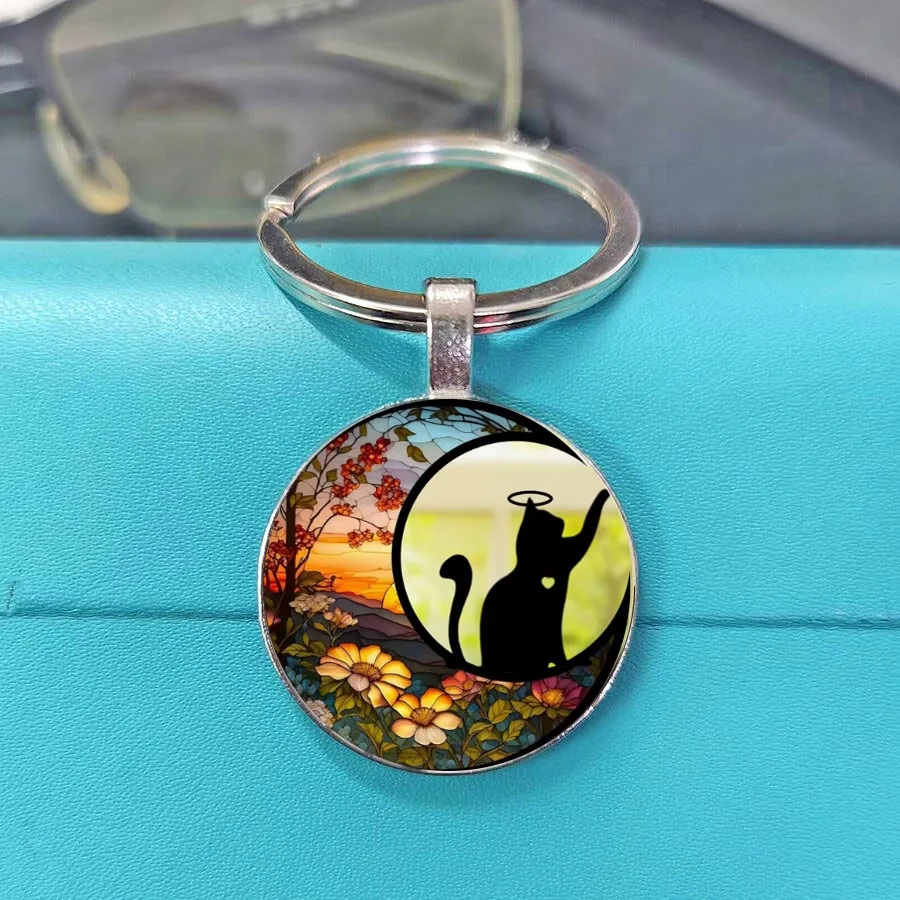 Hot Pet Memorial Stained Glass Keychain Angel Dog Cat Silhouette Life Tree Floral Sunset Metal Key Ring Gift for Pet Lovers