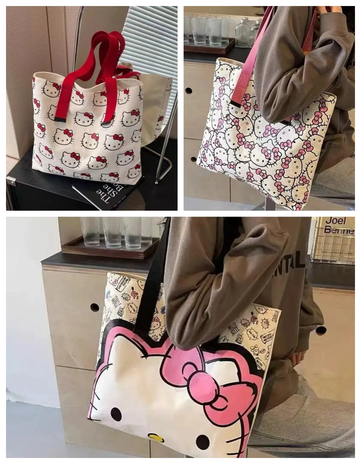 

New cartoon Hello Kitty Double sided pattern Fashionable High Quality Canvas Women Bag Large Capacity Women's Shoulder Bag Gift