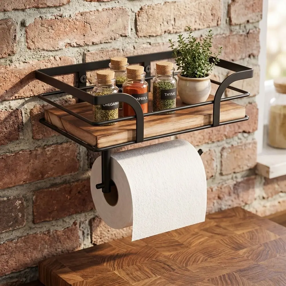 Durable Wooden Toilet Paper Holder Wall Mounted Rustic Style Paper Phone Holder Space Saving Paper Storage Shelf for Bathroom