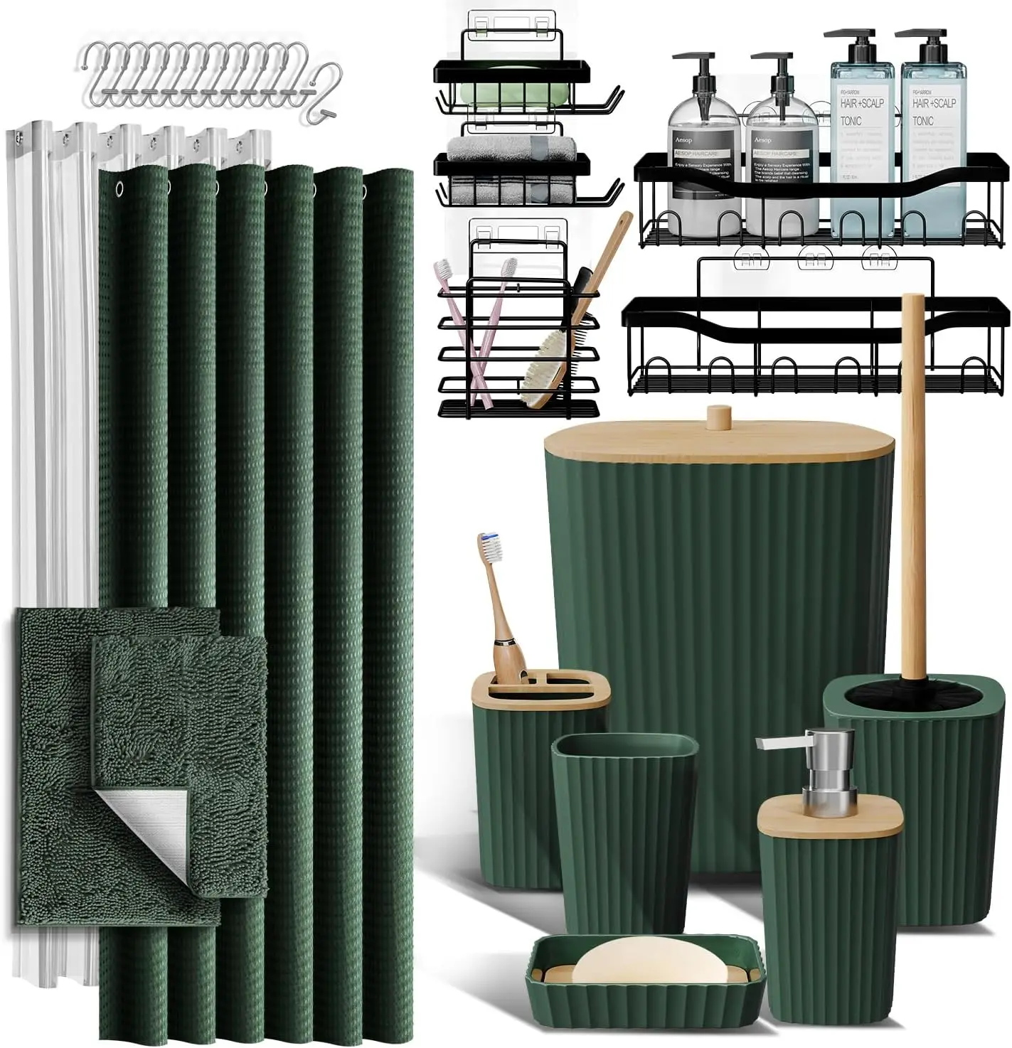 

27-Piece Green Bathroom Set with Shower Caddy, Rugs, Curtain & Accessories for Spa-Like Decor