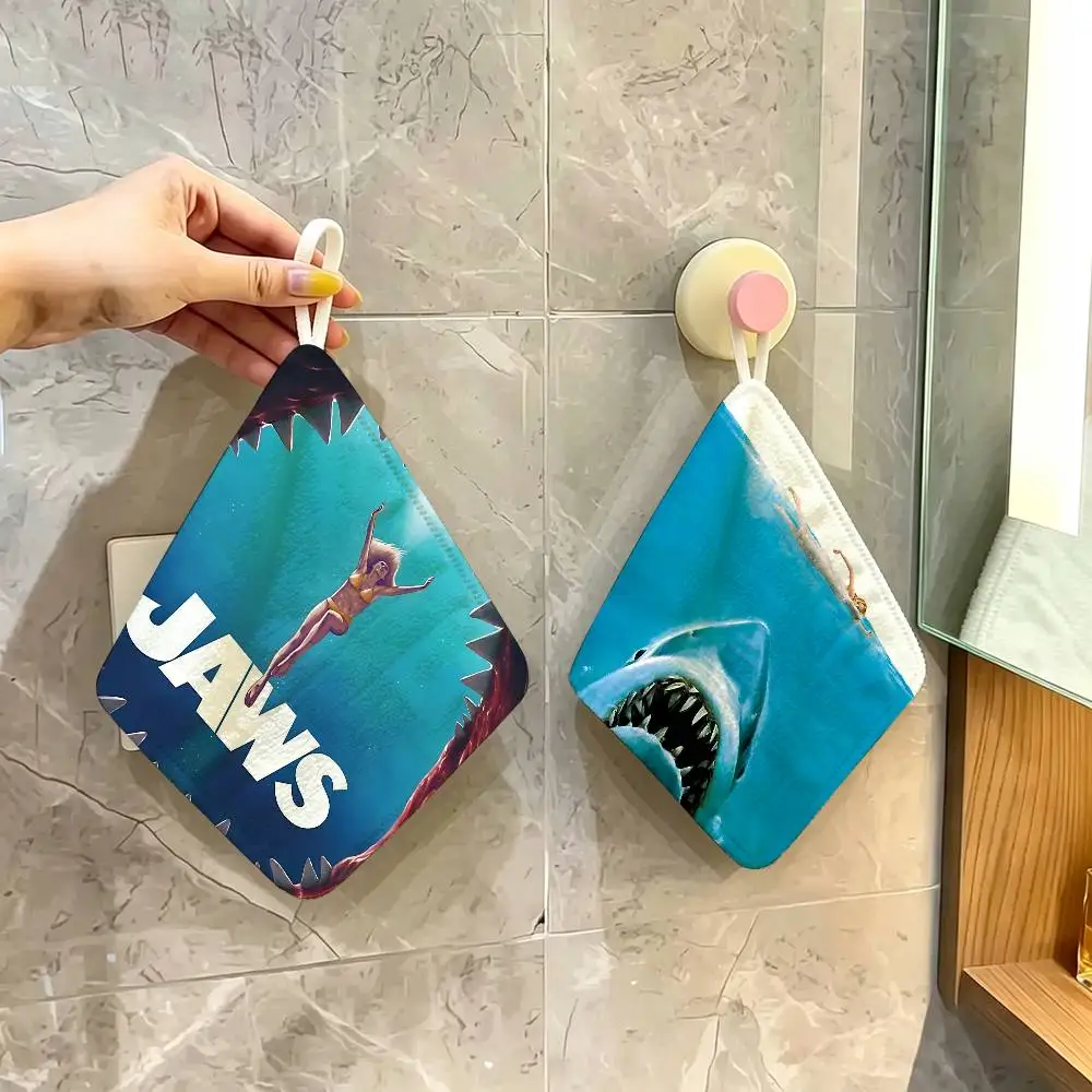 Thriller Movie Jaws Polyester Cotton Hanging Hand Towel, Super Absorbent Hand Wiping Towel for Daily Household Use