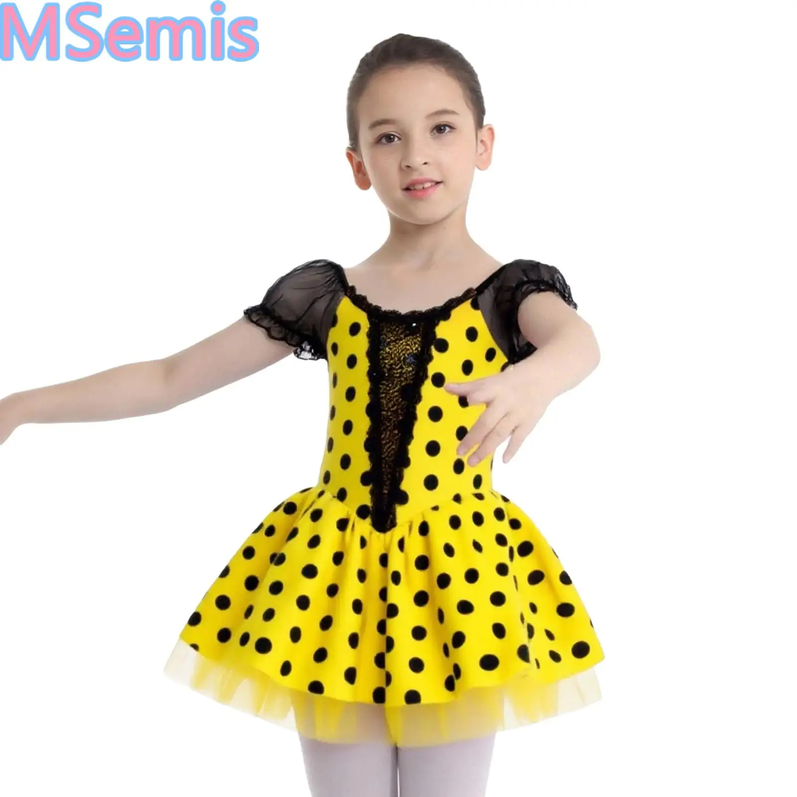 

Kids Girls Dots Ballet Dance Dress Short Puff Sleeves Shiny Sequins Color Block Tutu Dress with Built-in Briefs Performance
