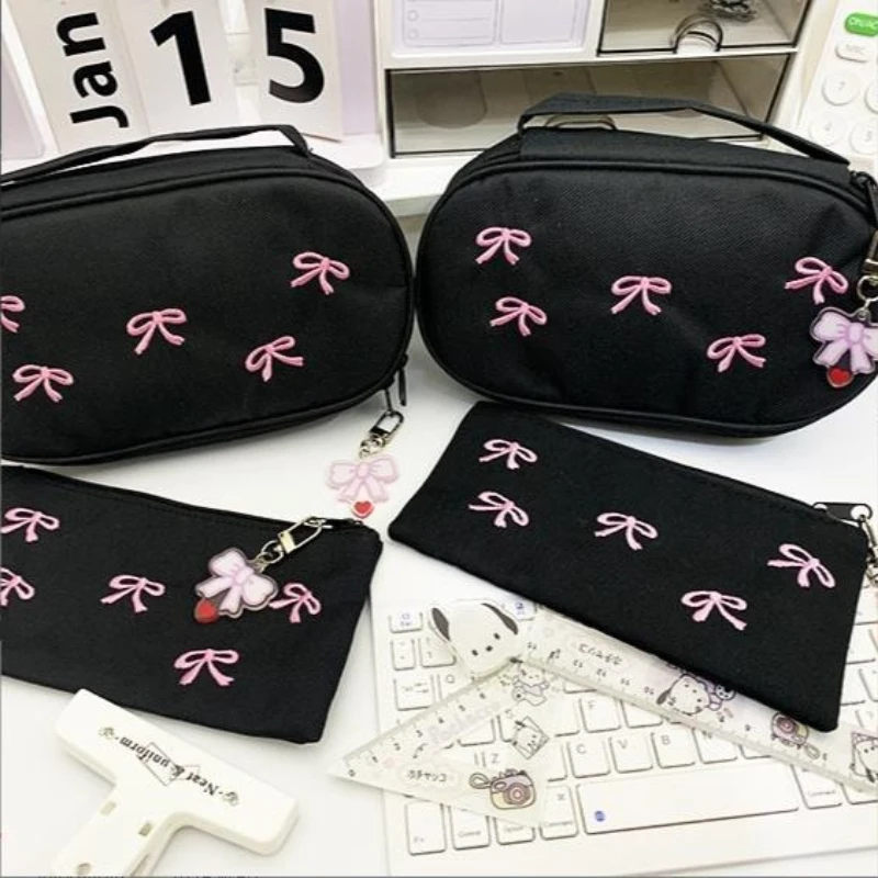 Black Bow Embroidery Pen Bag High Appearance Level Cosmetic Storage Bag Simple Ins Cosmetic Bag 1 Pack (zipper Direction Random)