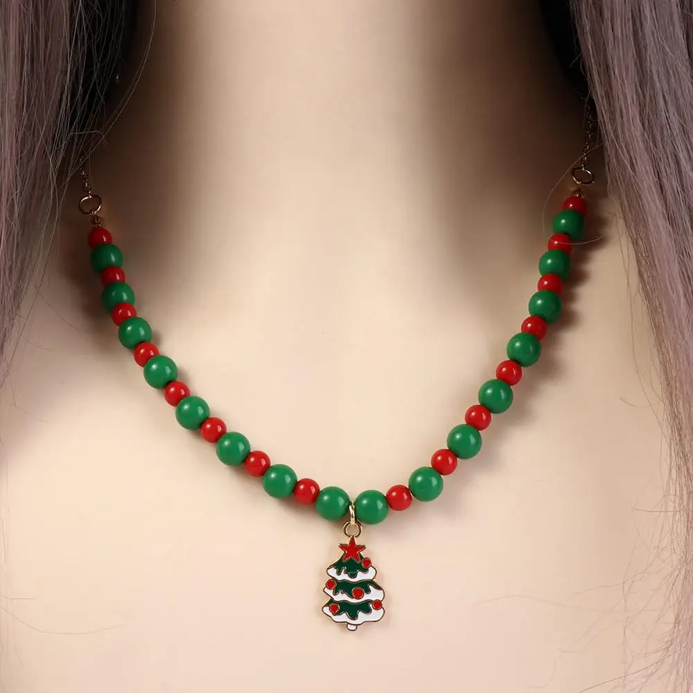 Collar de Navidad de dibujos animados, cadena hasta la clavícula, árbol de Navidad, cadena con cuentas de arroz, muleta de campana, colgante de dibujos animados, Gargantilla para Festival