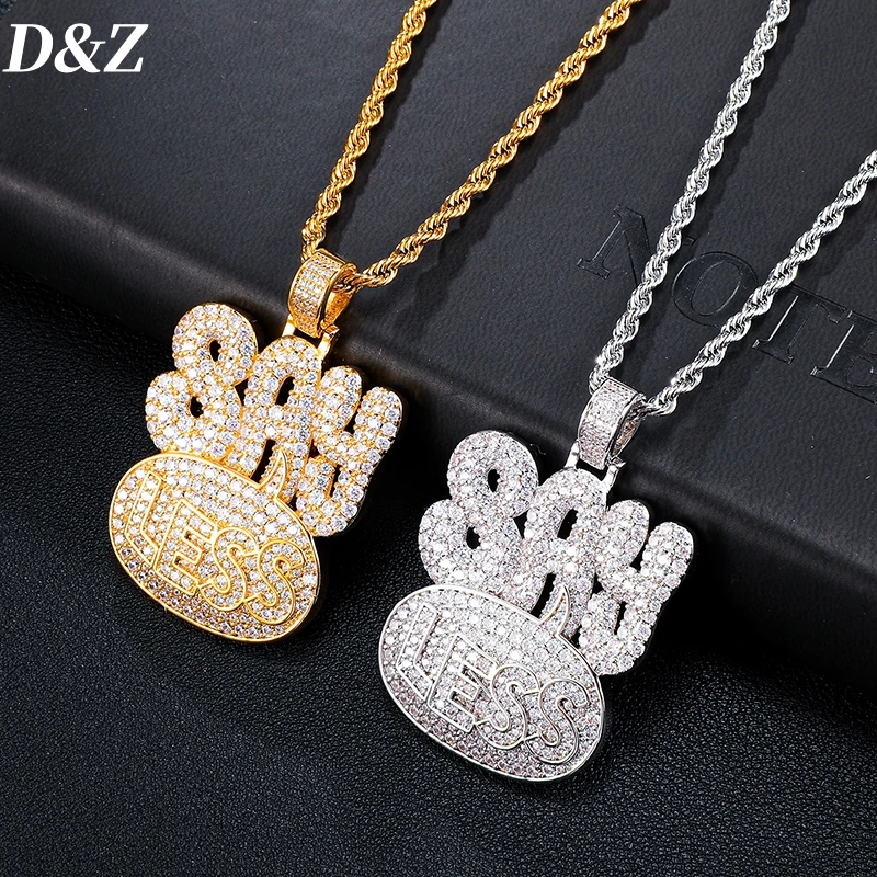 

D&Z Hiphop Gold-Plated Brass Bling Zircon SAYLESS Letter Pendant Necklace For Men Fashion Design Iced Out Charm Jewelry