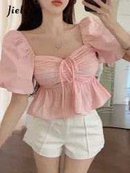 Jielur Pink Square Neck Slim Drawstring Women Blouse French Style Fashion Puff Sleeve Pleated Solid Color Sexy Female Blouses